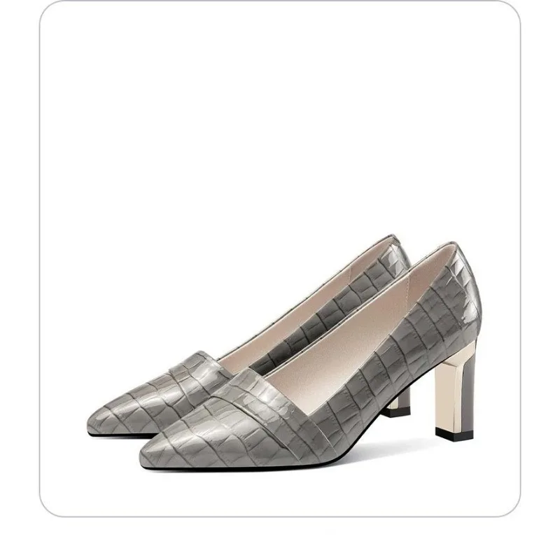 2024 spring and autumn new thick heel soft leather pointed head fashion shallow mouth temperament high-end women single shoes