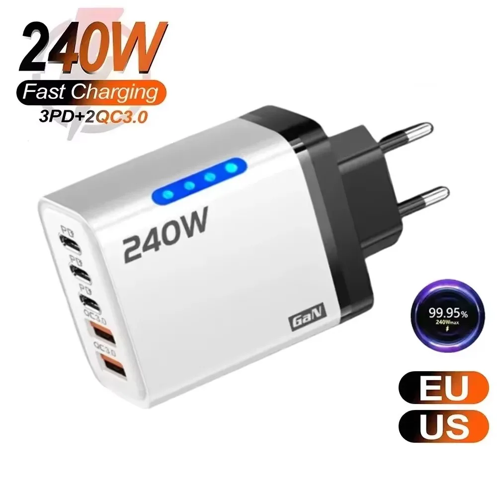 240W GaN Charger 5IN1 For IPhone18 ProMax Duo Laptop Super Fast Charging Adapter For Samsung USB Type-C 3PD 2USB Desktop Charger
