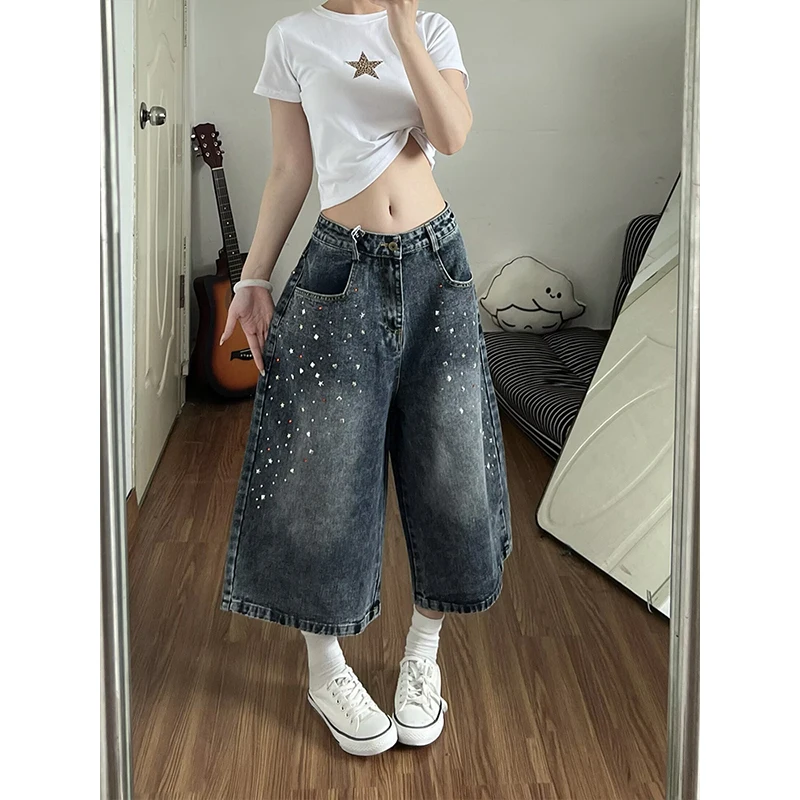 Korean Fashion Heavy Industry Hot Drilled Pearl Denim Shorts Vintage Washed Distressed  Trendy Slim Fit Five-Point Shorts