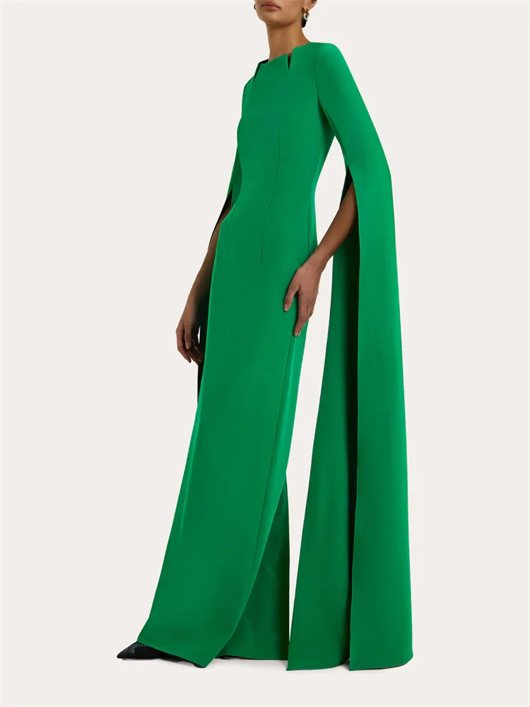 New Arrival Notched Neckline Long Slit Cape Sleeves Straight Crepe Evening Dress Elegant Back Zipper Floor Length Gown For Women