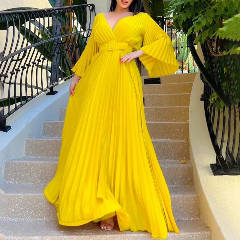 Autumn Sexy V-Neck Pleated Dinner Party Dress Women Yellow Elegant with Belt Long Sleeve Robe Femme African Maxi Red Vestido