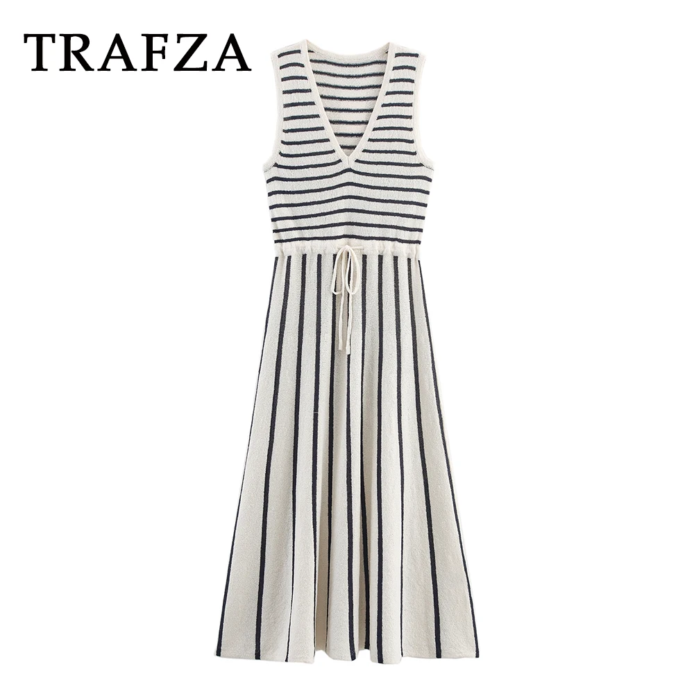 

TRAFZA Chic Striped Elegant Knit V-Neck Woman Dress Fashion 2025 Streetwear Knit Dress High Waist Casual Y2K Long Mujer Vestidos