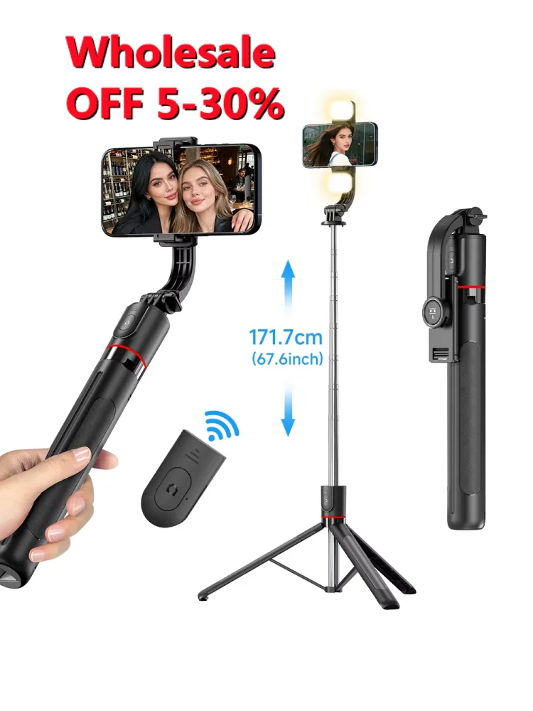 FANGTUOSI Statyw do selfie z pilotem Bluetooth, 6-sekcyjny wysuwany kijek, obrót 360 stopni °   Obrót, Opcja oświetlenia, do vlogów na telefon. — zdjęcie produktu 7