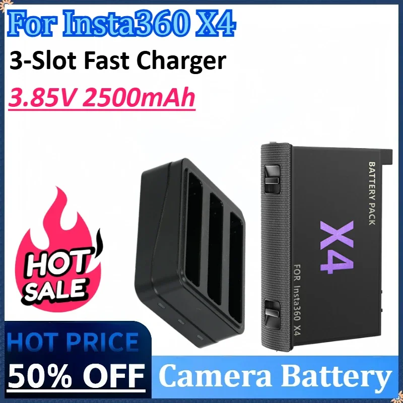 

New 3.85V 2500mAh Camera Battery for Insta360 X4 Battery+3-Slot Fast Charger for Insta360 X4 Battery Power Accessories
