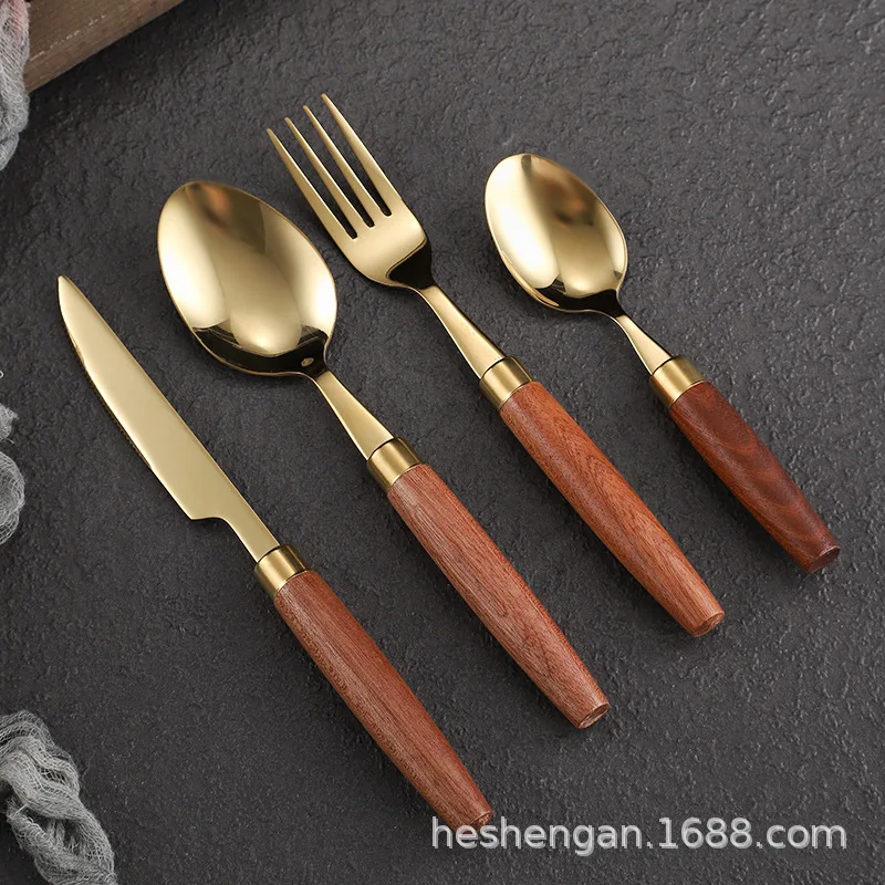 Wooden handle steak knife, fork and spoon set ins wind stainless steel dessert spoon commercial western tableware knife and fork