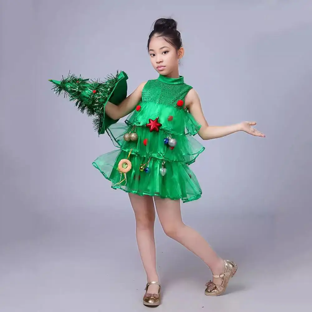 Kids Special Occasion Dress Christmas-themed Children's A-line Dress with Stand Collar Scattered Cake Hem Sleeveless for Stage