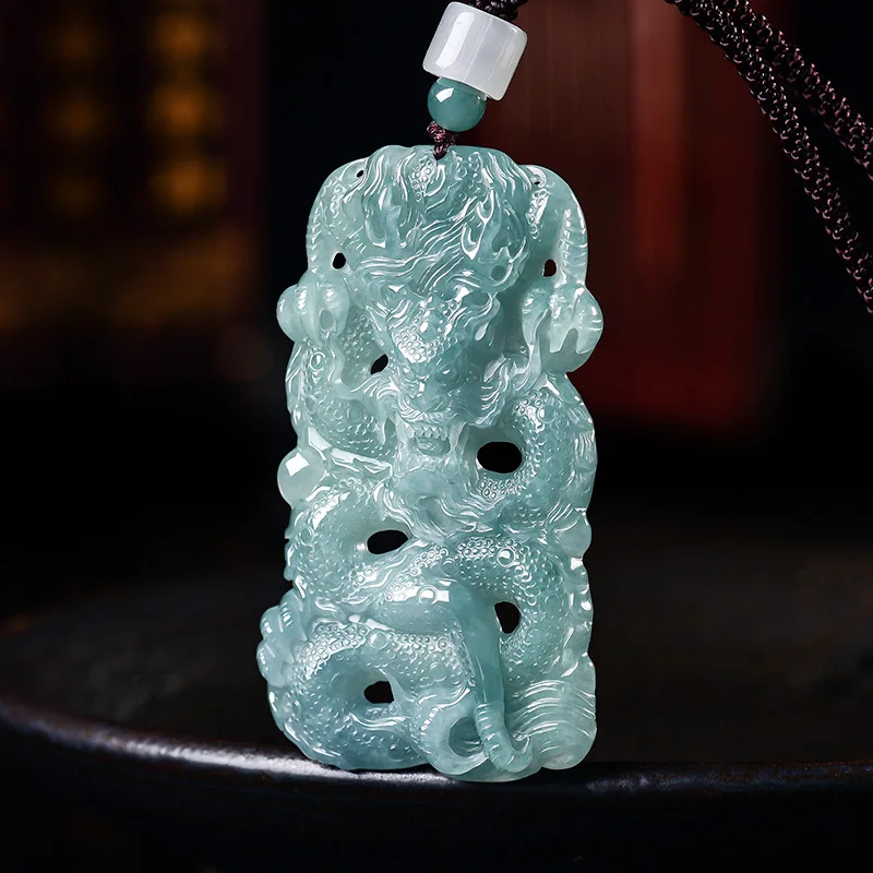 Natural Jadeite Blue Water Carving Boutique Atmospheric Zodiac Dragon Brand Necklace Pendant Ice Jade Men Women Couple Amulet