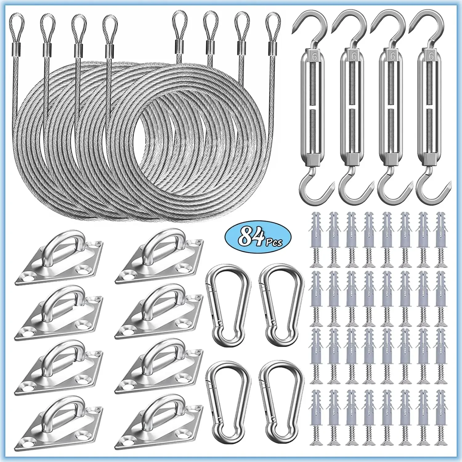 84-Piece shade sail hardware kit with cable wire rope for rectangular square triangle shade sail installation, 6-inch grade 304 stainless steel for garden, outdoor, DIY crafts, railings