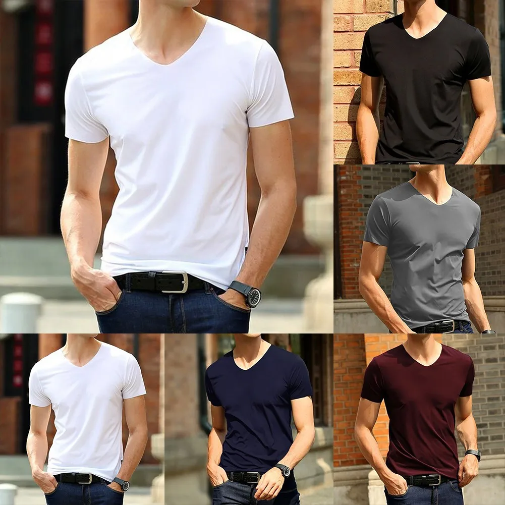 Men's Ice Silk Trackless T-shirt Breathable V-neck Slim Short Sleeve Top Comfortable Daily New