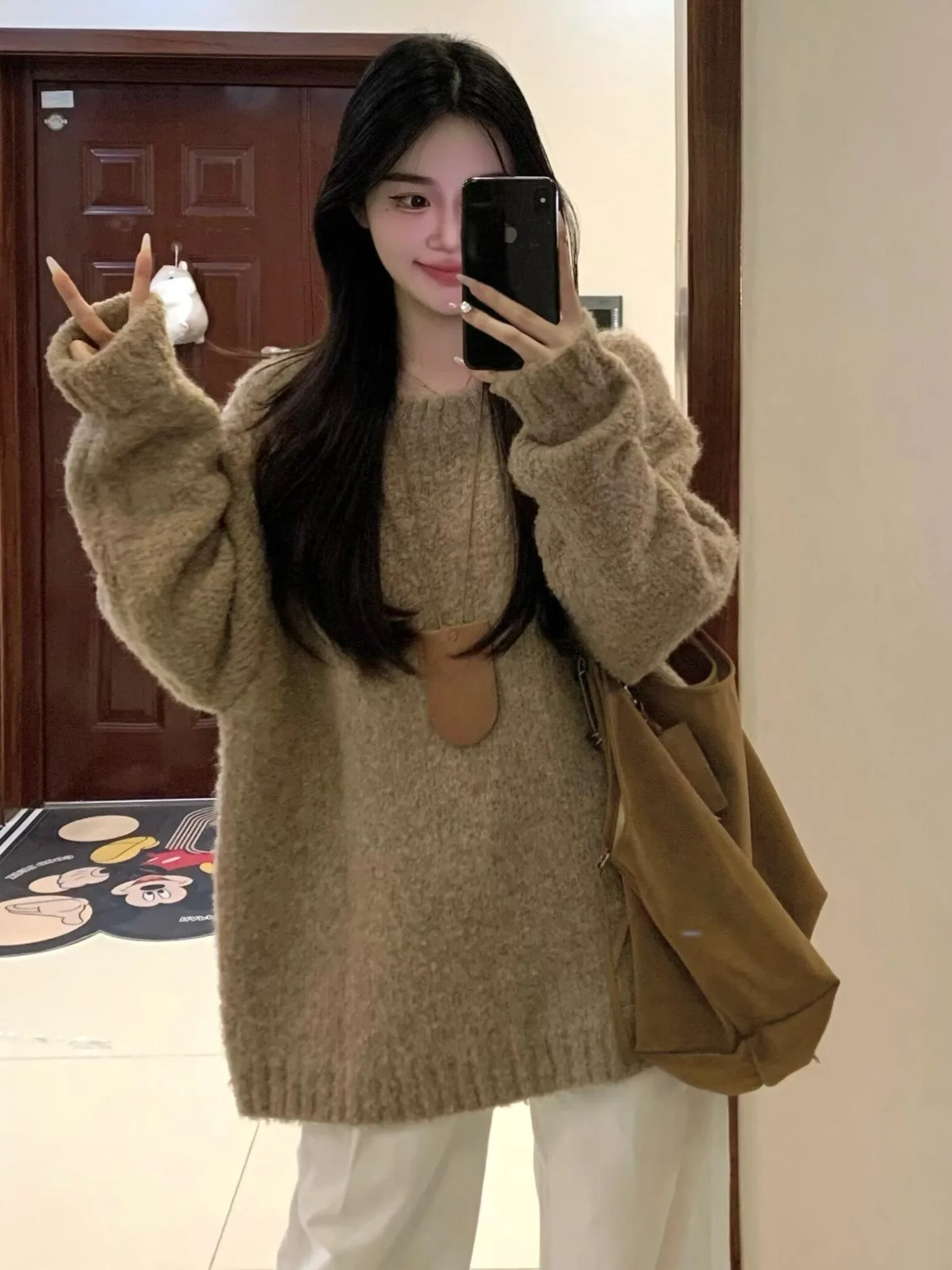 

Loose Women's Brown Sweater Autumn Winter New Sle Korean Lazy Faion Inner Wear Casual Long Sve round Ne Top