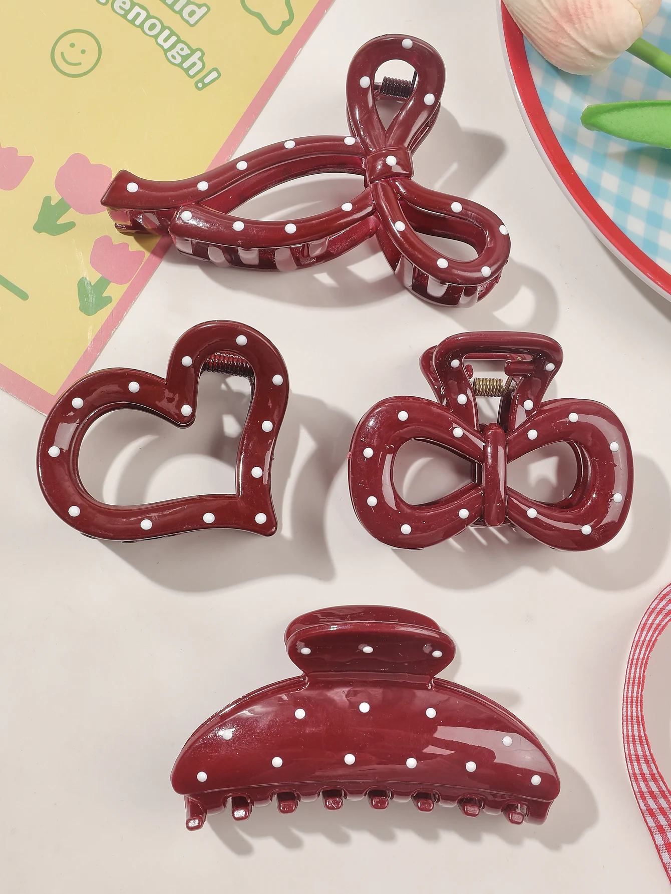 4 Stück Französisch Rot Weiß Polka Dot Schleife Halteklammern für Frauen Herbst Winter Hai Clip Haarklammern Elegante Haar-Accessoires – Detail 3