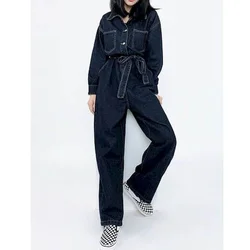 Oversized Denim Jumpsuits for Women Solid Long Sleeved Loose Workwear Playsuits Vintage Casual One Piece Outfits Women Overalls