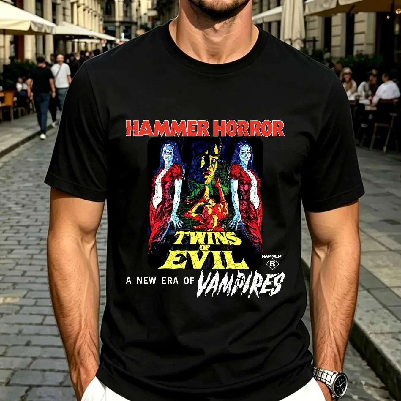 washed T Shirt Hammer Horror Twins of Evil Poster Black Adult long or short sleeves vintage Washed Comfortable Soft