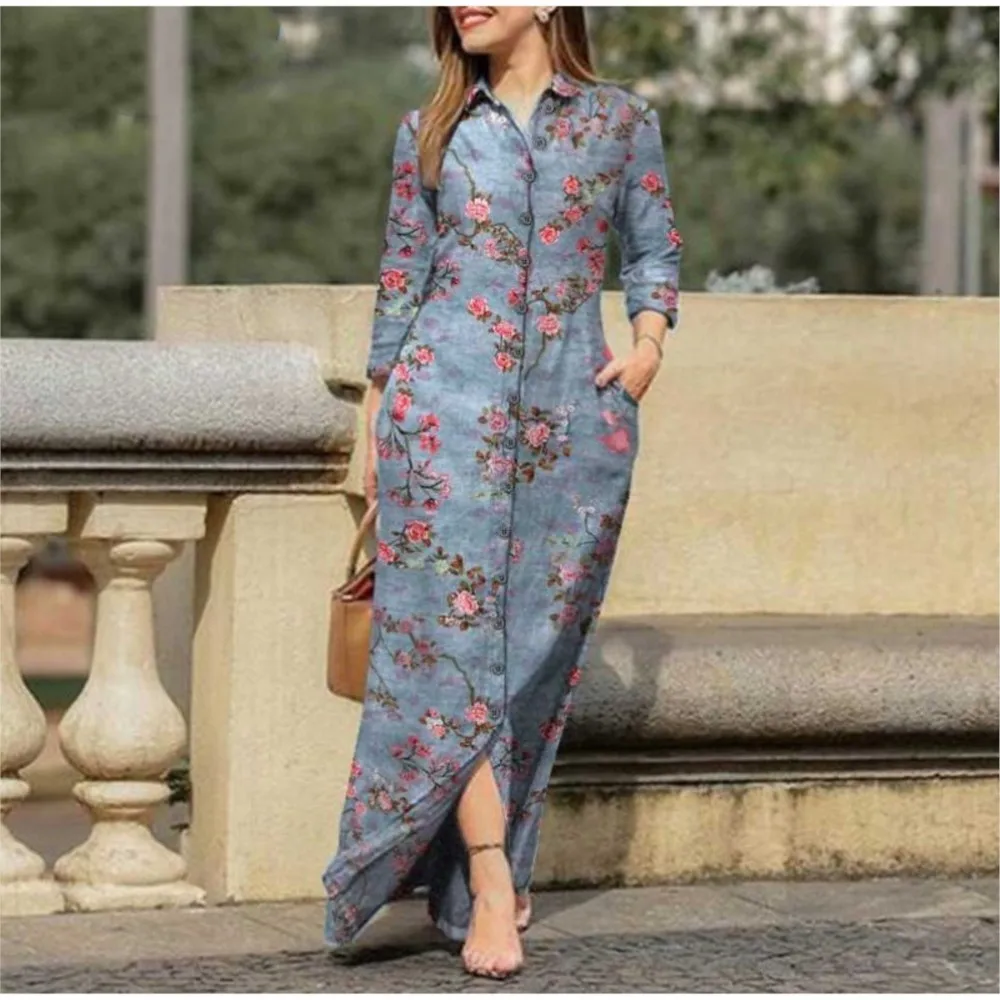 

Elegant Spring Summer Dress New Print Fashion Casual Retro Loose Single Breasted Lapel Slit Mid Waist Long Sleeve Long Dresses