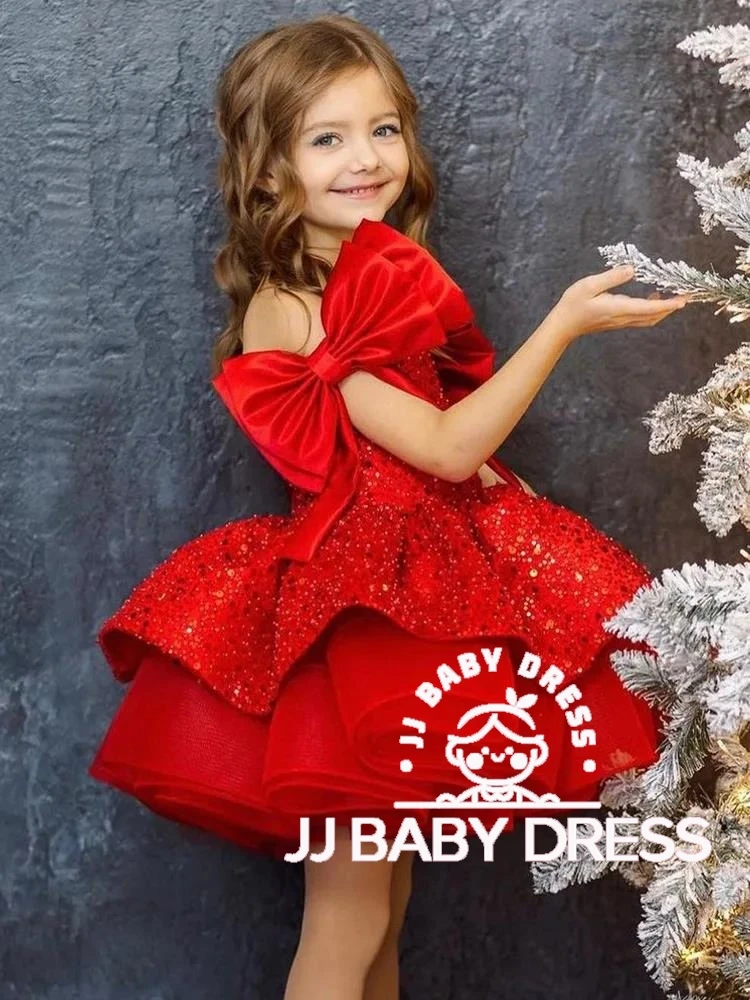

New Glitter Bowtie Red Flower Girl Dress