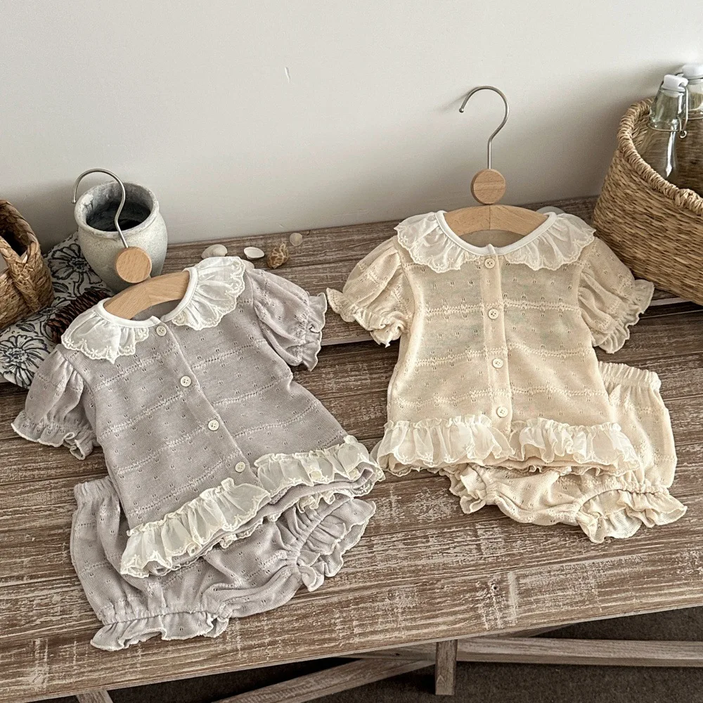 

2026 Summer New Baby Short Sleeve Clothes Set Toddler Girls Hollowed Out Lace Collar Cardigan + Shorts 2pcs Suit Infant Outfits