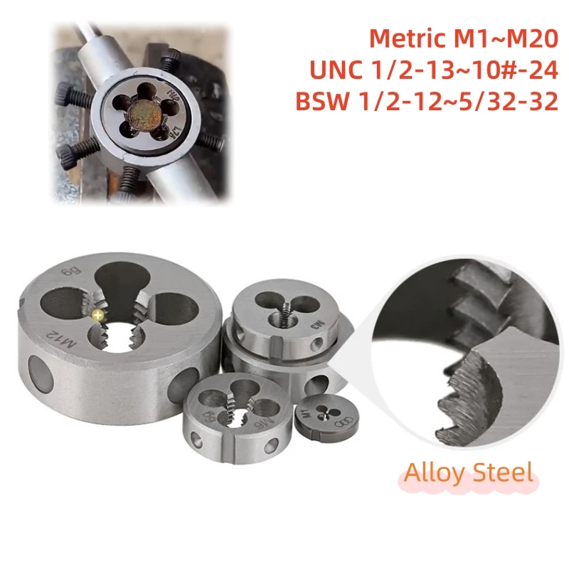 

Screw Thread Die Metric M1~M20 UNC 1/2-13~10#-24 BSW 1/2-12~5/32-32 Right Hand for Metalworking Metric Die Hand Tool Alloy Steel