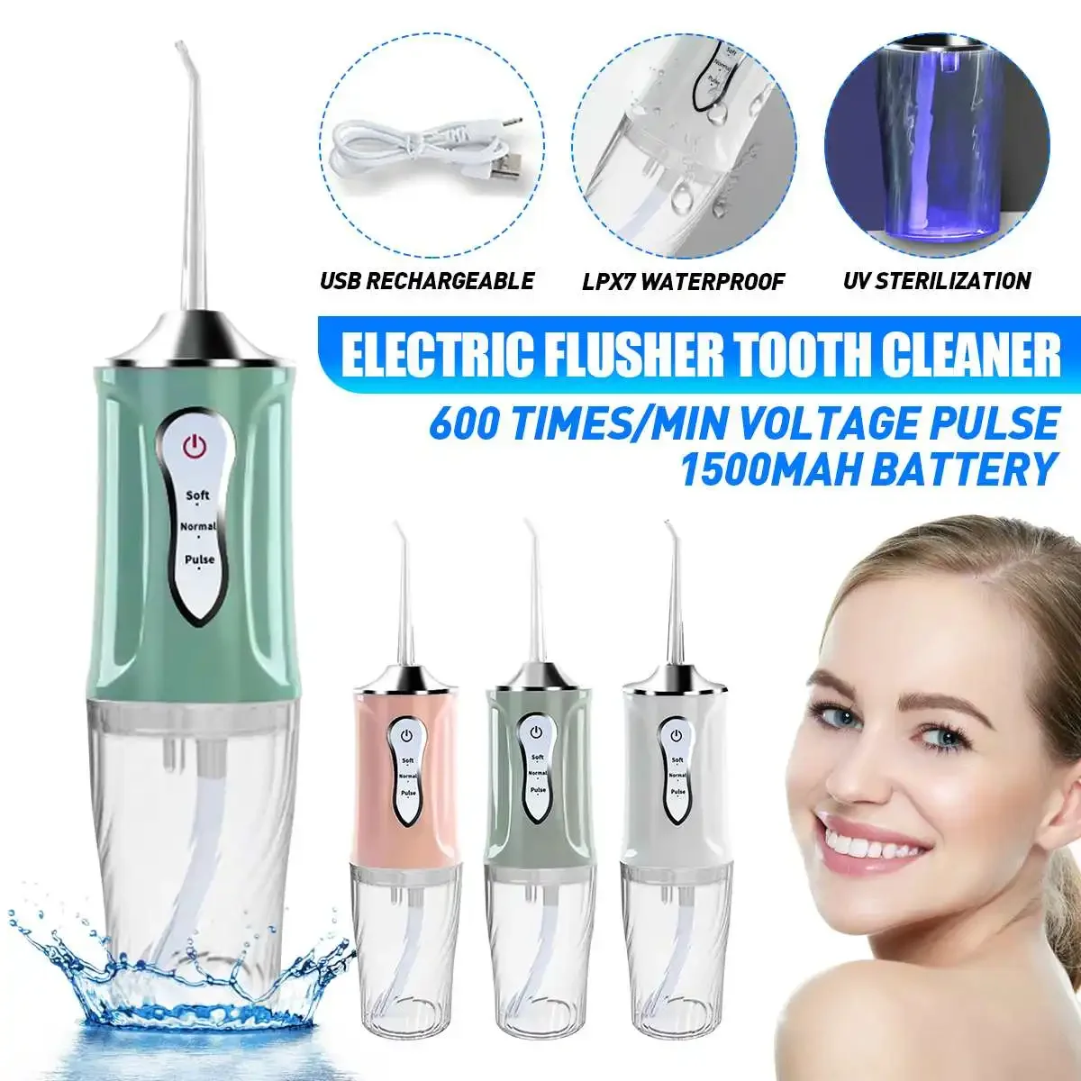 مرواء فموي قابل لإعادة الشحن بمنفذ USB ، تنظيف أسنان محمول ، خيط تنظيف مائي نفاث ، بيك ، 4 أطراف نفاثة ، من من 3 أوضاع ، IPX7 ، IPX7 ، دورة في الدقيقة