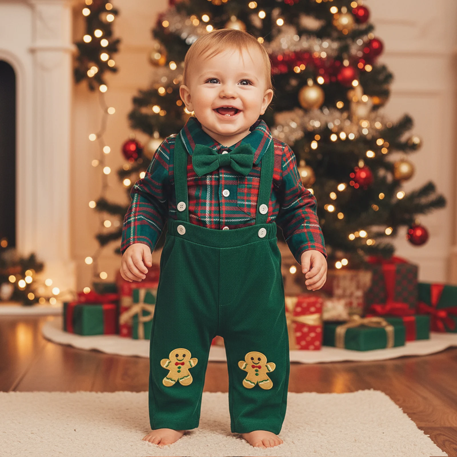 

Комплекты одежды для маленьких мальчиков, милый рождественский клетчатый комбинезон с длинными рукавами и комбинезоном с вышивкой, комплект из 2 предметов