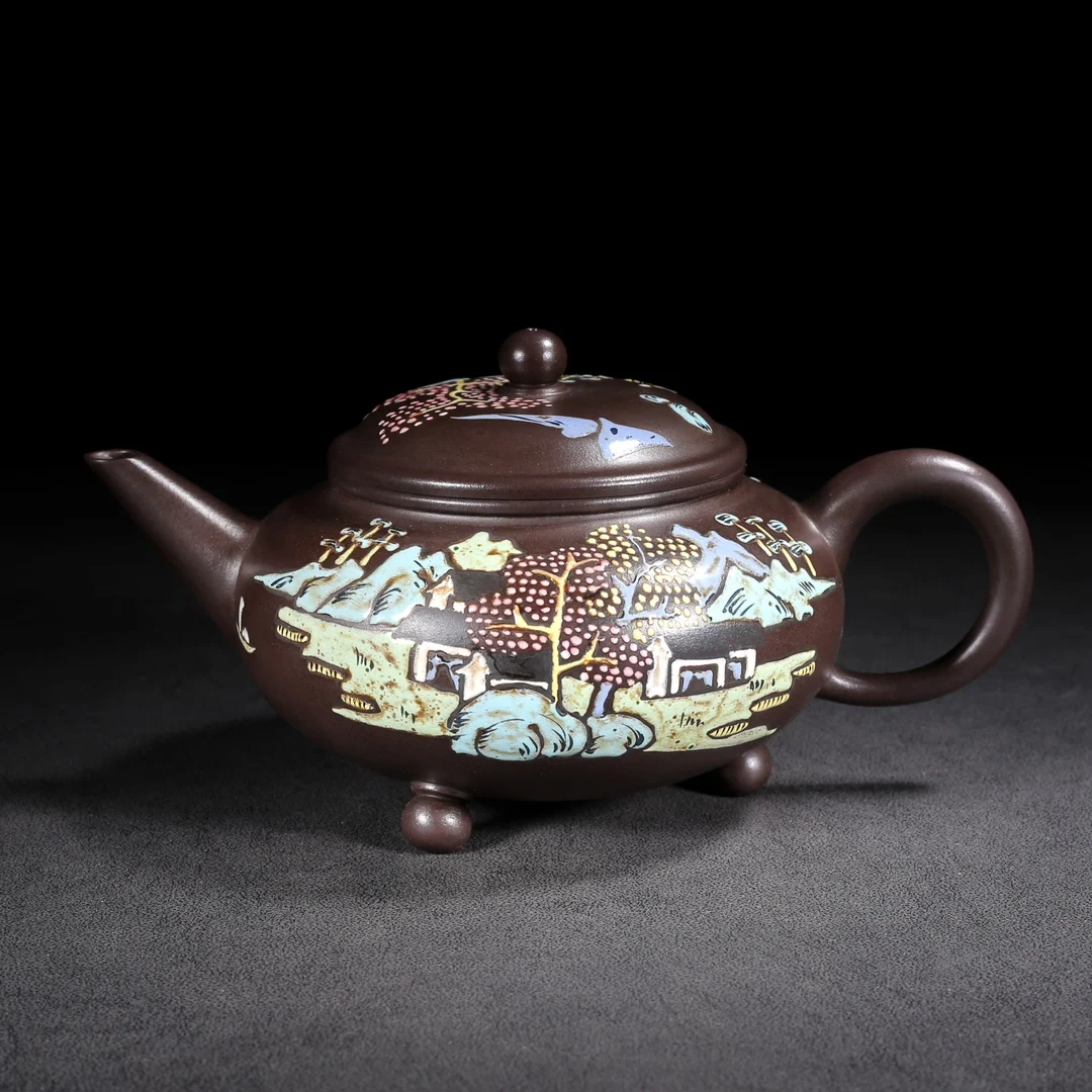 Old Chinese Handicraft Enameled YiXing Zisha (red stoneware) Teapot,Three feet ,with mark, Free shipping