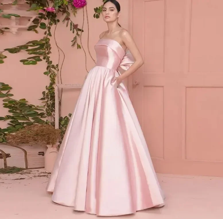 Customized 2024 Pink Formal Prom Dress Elegant Strapless Backless Bow Satin A-line Evening Party Gowns Christmas Robe De Soiree