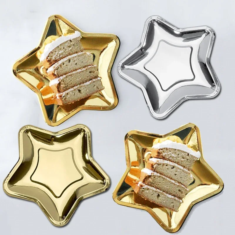 10pcs Disposable Paper Plate Golden Silver Five-pointed Star New Year Birthday Wedding Party Bar Hotel Feast Banquet Decoration