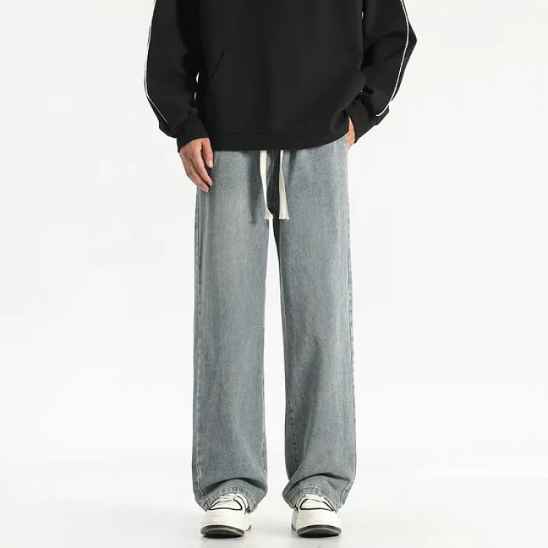 

GIOIOMen's Джинсовые повседневные брюки, новинка 2025 года, свободные прямые мужские джинсы с завязками на талии в американском стиле, мужская одежда