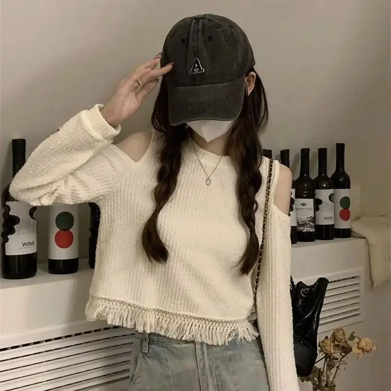 Off-The-Shoulder Fringed Long-Sleeved T-Shirt Women Autumn Winter New Style Inner Niche Design Western Style Bottoming Shirt Top