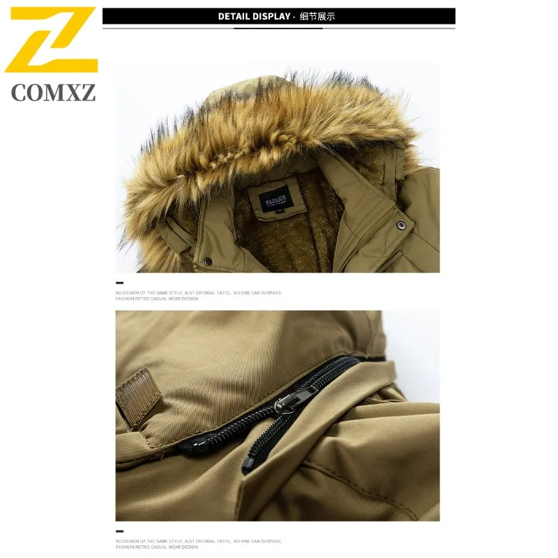 Comxz 2025 jaqueta masculina de algodão de comprimento longo de inverno moda gola de pele forro sherpa casual ao ar livre wear solto-ajuste quente parka