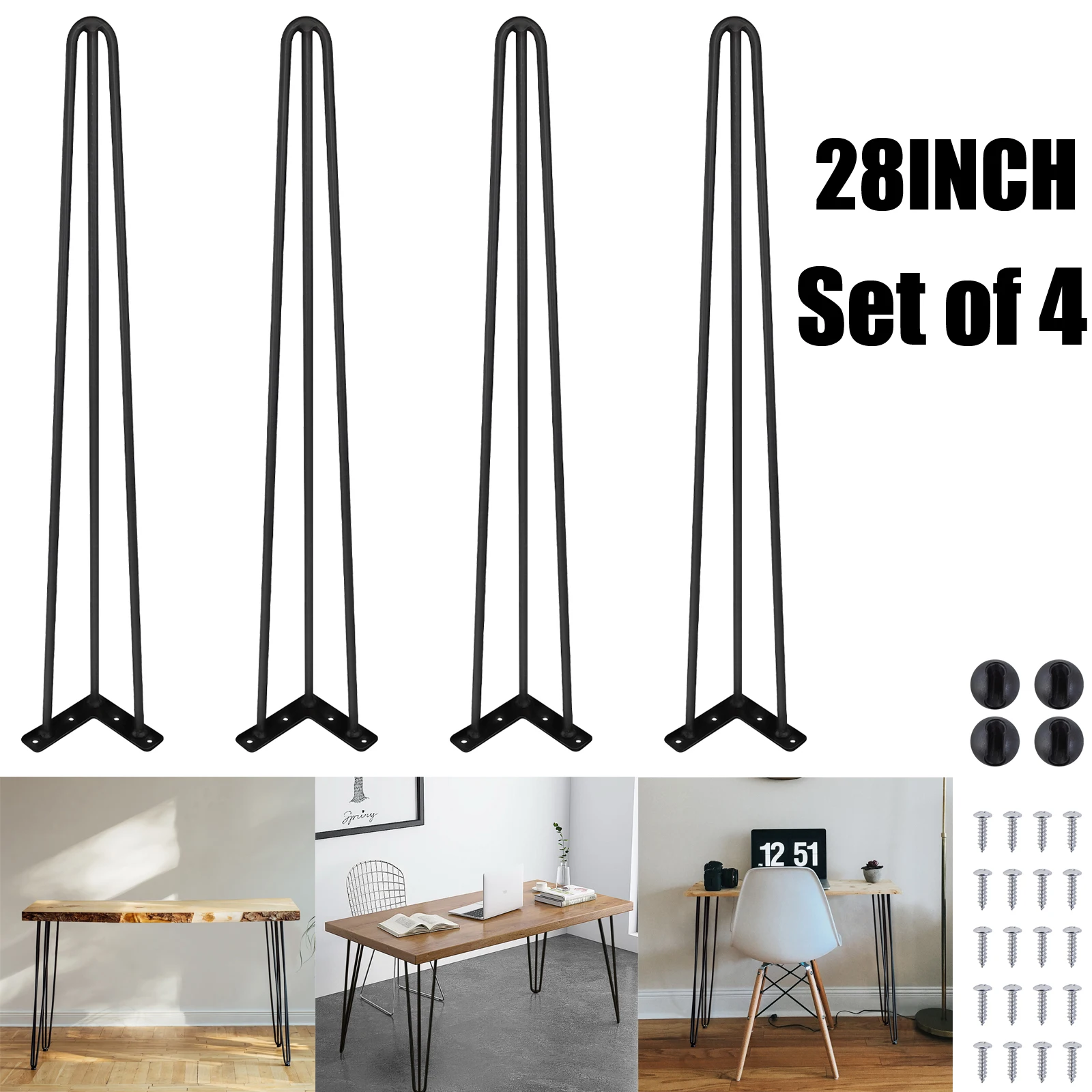 28-Zoll-Haarnadel-Tischbeine, schwarzer Stahl, 71 cm, 3-Stangen-Metall, moderner industrieller Mid-Century-Stil für DIY-Möbel, Couchtische, Schreibtische, Schränke