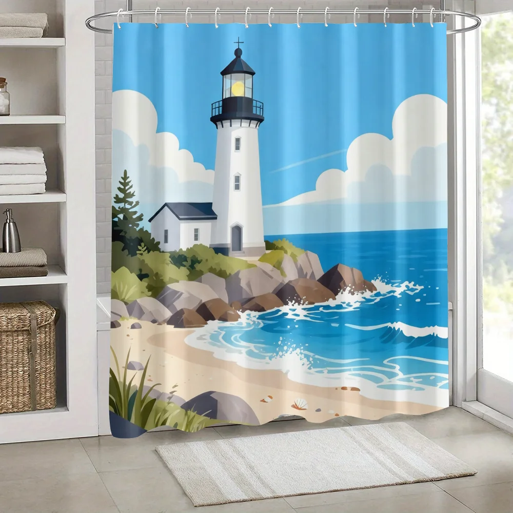 Waterproof Lighthouse Beach Shower Curtain Coastal Nautical Ocean Print Bathroom Decor Polyester Tropical Home Accent Liner
