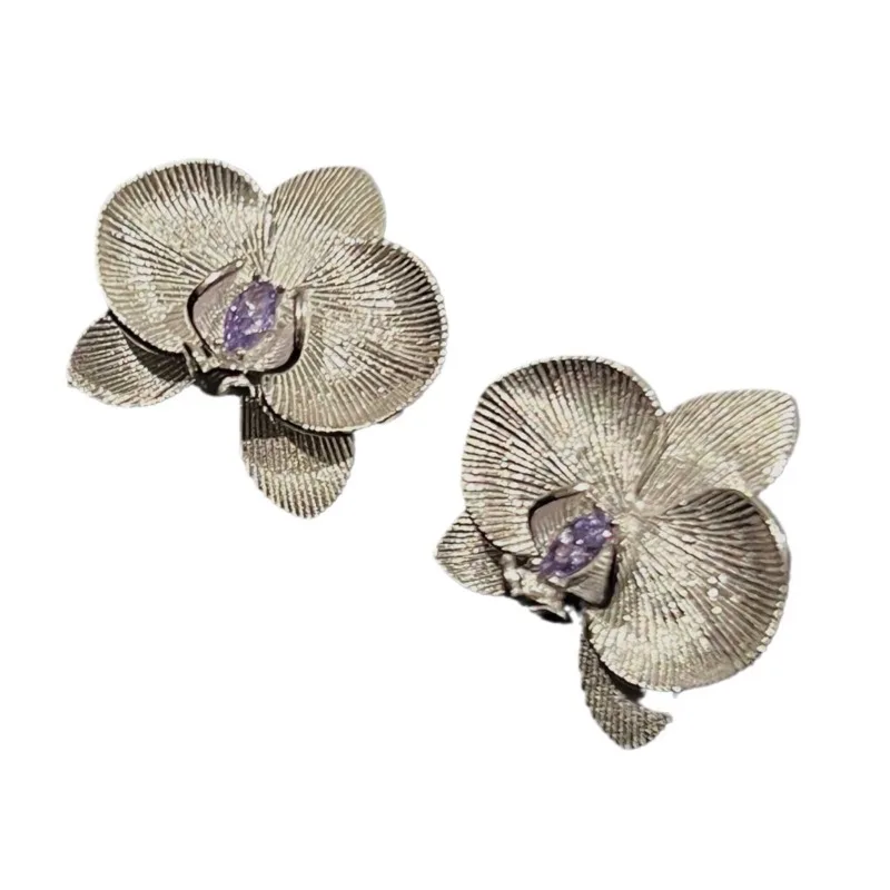 925 silver High quality butterfly orchid flower earrings for women fashion wire drawing purple gem earings stud wedding jewelry