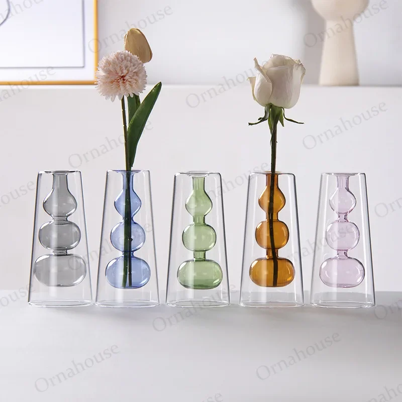 Nordic Transparent Glass Double-layer Colored Glass Vase Creative Hydroponic Planter Living Room Home Decoration and Ornaments