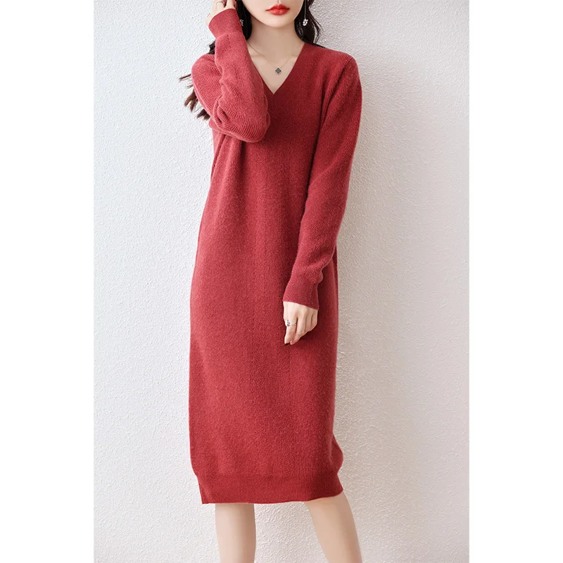 100% pure wool vestido feminino Hot Sale 2023 Winter New Fashion Cashmere Thick Dresses Female V-neck Wool Clothing DR01