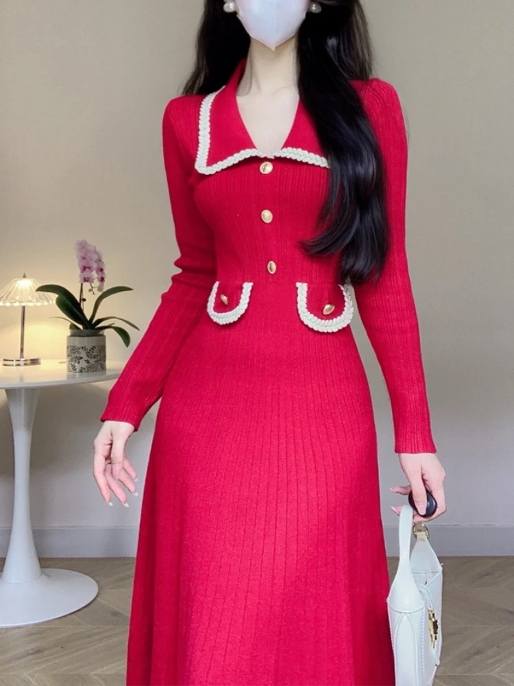 New Women French Knitted Dress Autumn Winter Slim A-line Lapel Casual Knitted Dresses Ladies Elegant Long Sleeve Midi Dress