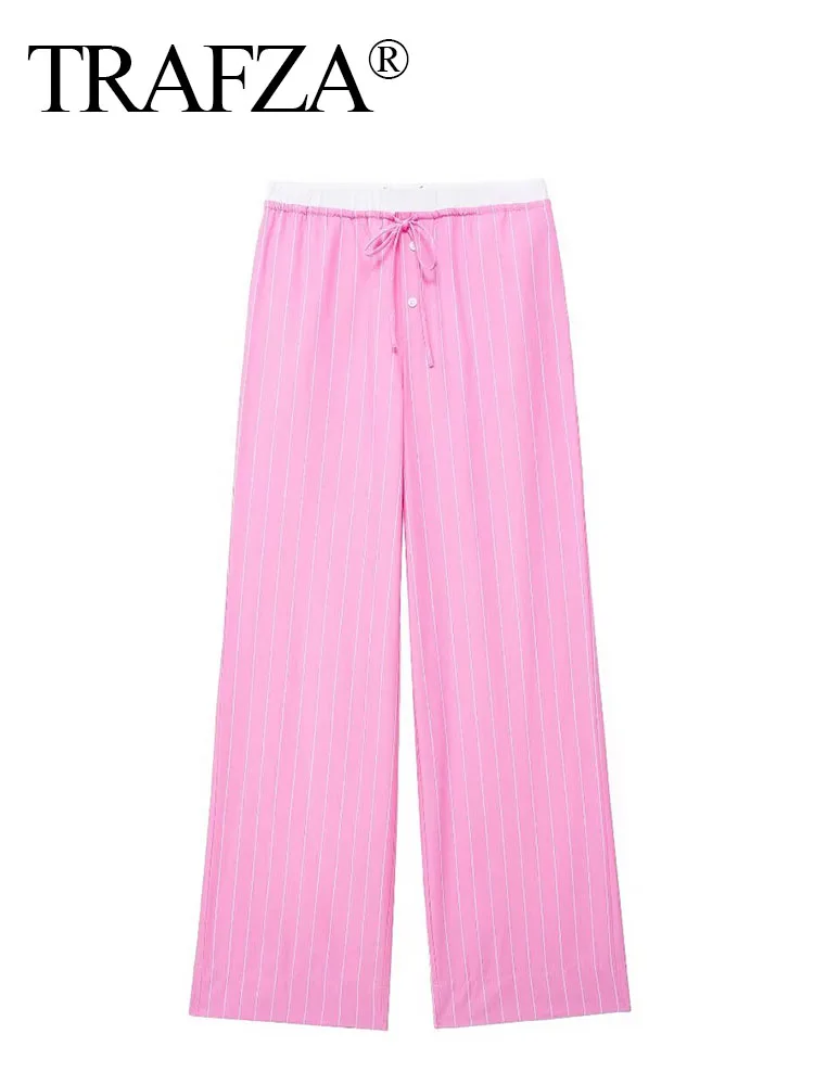 TRAFZA Fashion Women Chic Pink Stripe High Waist Wide Leg Pants Woman Drawstring Buttons Side Pocket Slim Casual Trousers Traf