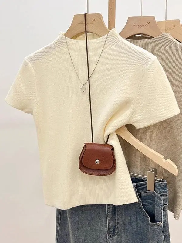 スリムフィットハーフハイカラーブラックニット耳カバー半袖春夏新スタイル小さいサイズエレガントファッショナブルトップス