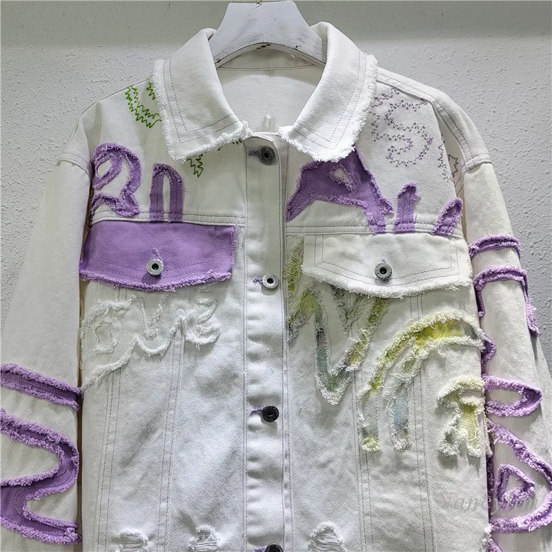 2025 Spring New White Denim Coat Women's Fashion Slim Fit Hand Embroidered Versatile Denim Short Top Women's Fashion Jacket