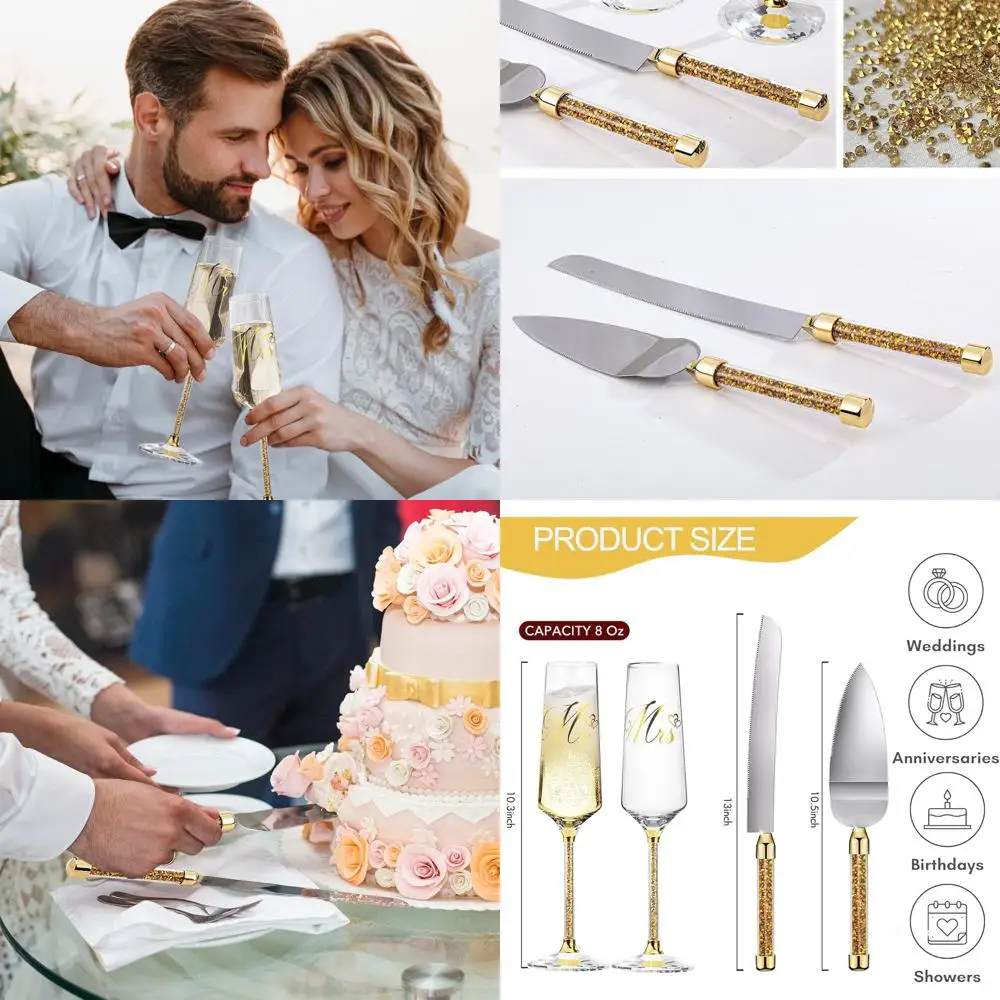 

Стильный набор для свадебного торта: нож и лопатка, элегантные фужеры для жениха и невесты, бокалы для тостов на свадьбу.