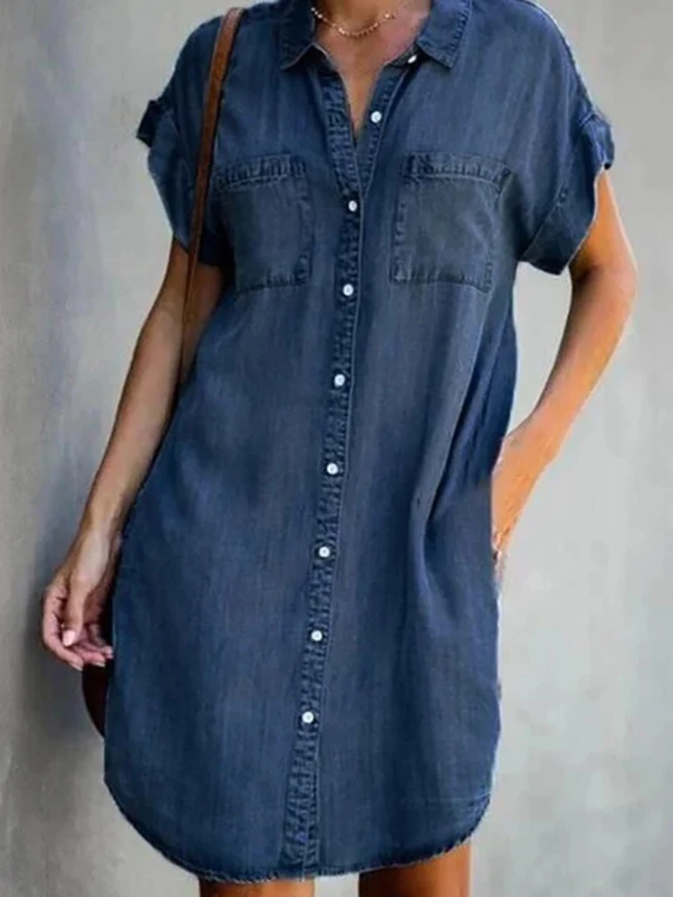 Women Denim Shirt Dresses Short Sleeve Distressed Jean Dress Button Down Casual Tunic Top