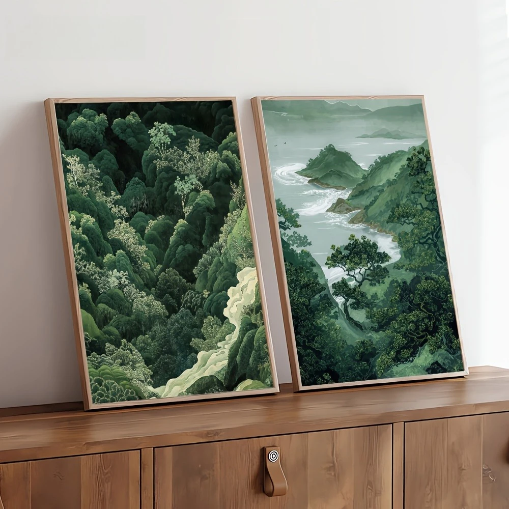 Green Forest Mountain Japanese Art Wall Poster Minimalist Abstract Landscape Canvas Print for Modern Home Decor Decor Bedroom