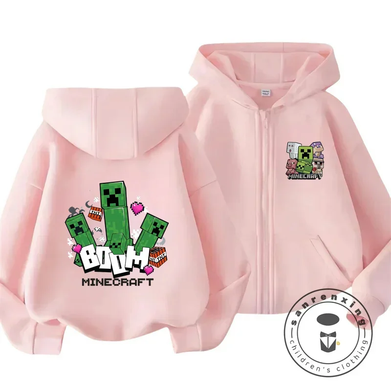 Kids Cartoon Zip Hoodie My World Style Sweatshirt for Boys Girls Loose Fit Autumn Winter Outdoor Casual Popular Print Design