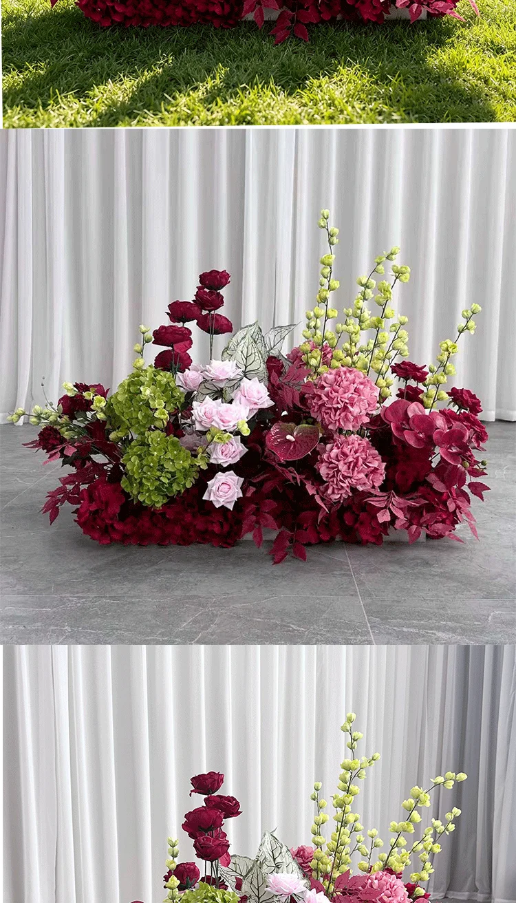 Luxuriöse Rot-Rosa Hortensien-Rosen Künstliche Blumenreihe Hochzeitsgang Blumenarrangement Tischdekoration Party-Hintergrund Deko-Requisite – Detail 2