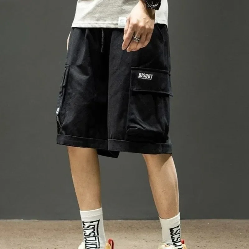 Baggy Elastic Waist with Draw String Wide Mens Cargo Shorts Loose Pockets Over Knee Short Pants for Men Solid Harajuku Summer