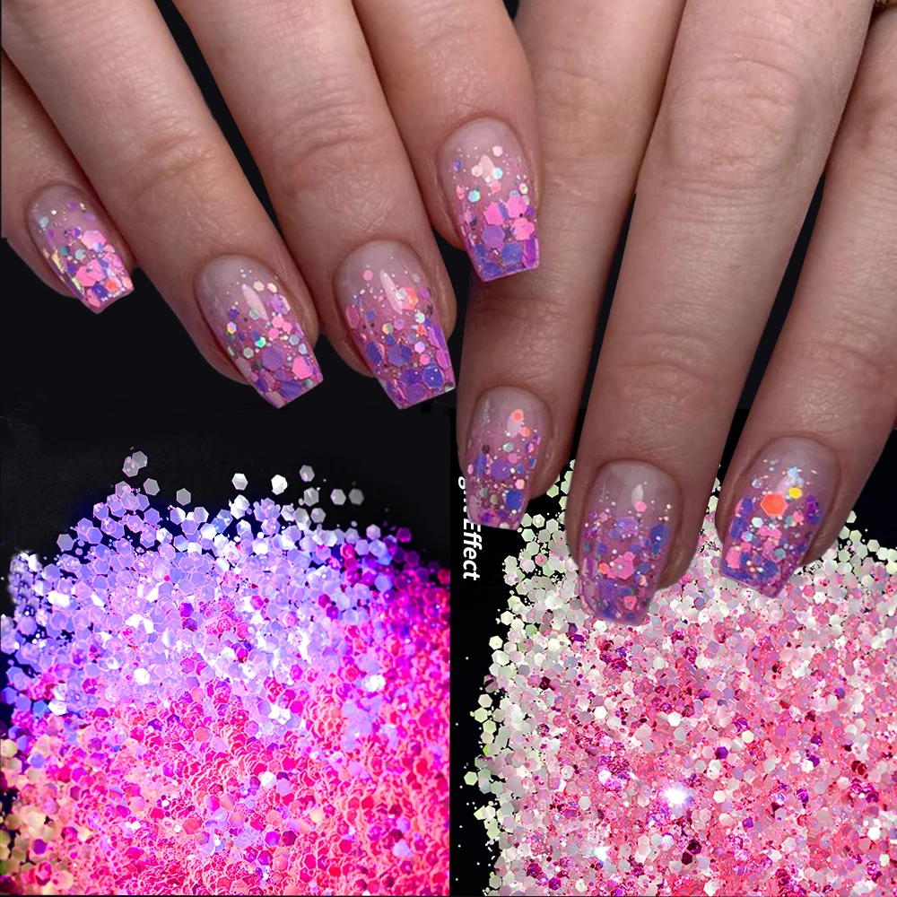 50g Pink Hexagon Chunky Nail Art Glitter Sequins 10colors Sparkly Iridescent Mixed Flakes Nail Diamond Glitter Manicure Sequin#m