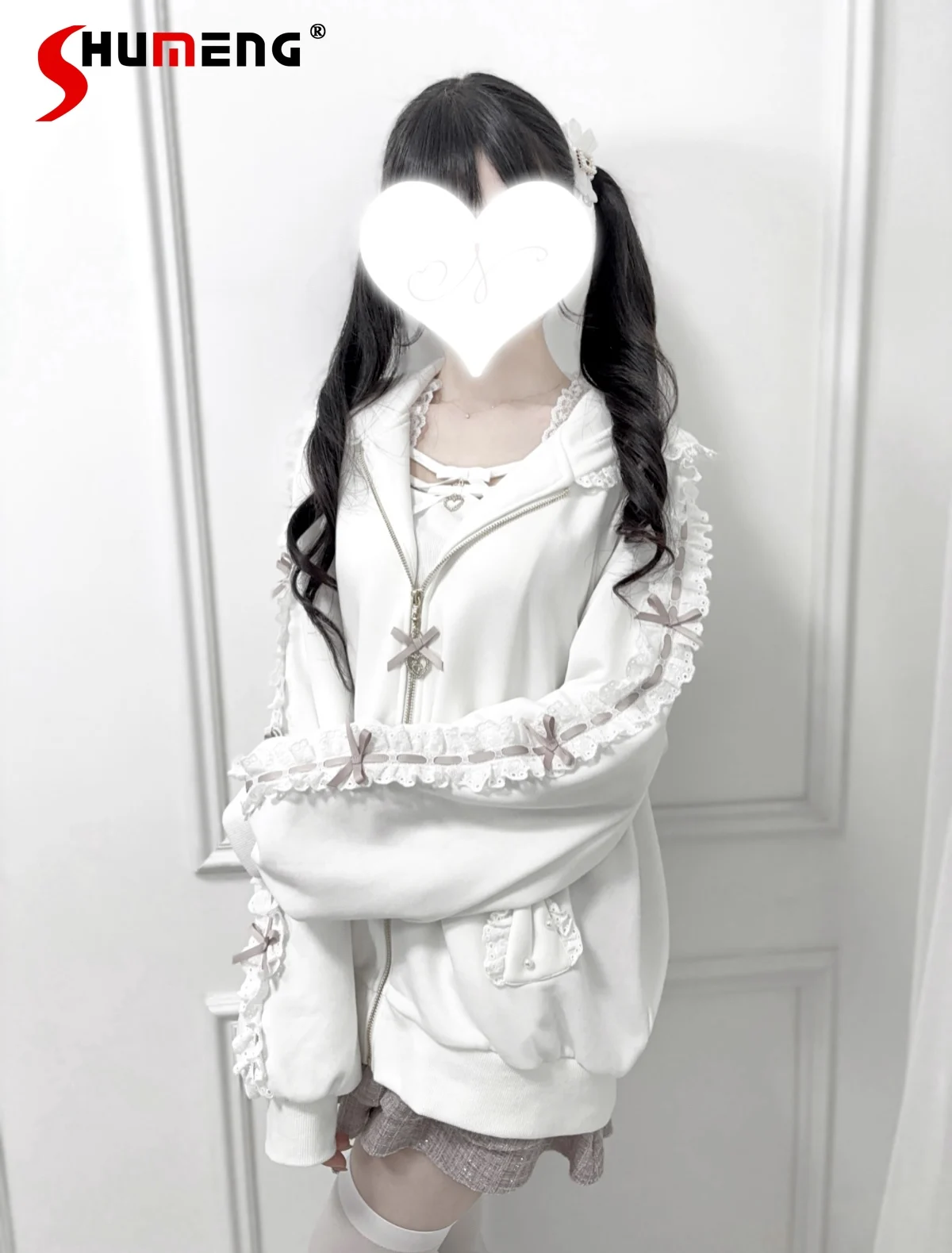 

Japanese Subculture Sweet Cool Hooded Jackets Autumn Winter Girls' Loose Slim Cute Bow Sweatshirt Women Y2k Warm Thick Coat