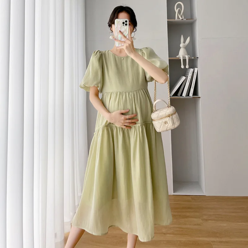 Vestidos de maternidad de gasa coreanos para mujeres embarazadas, ropa de verano, informal, sólido, cuello redondo, manga abombada, elegante