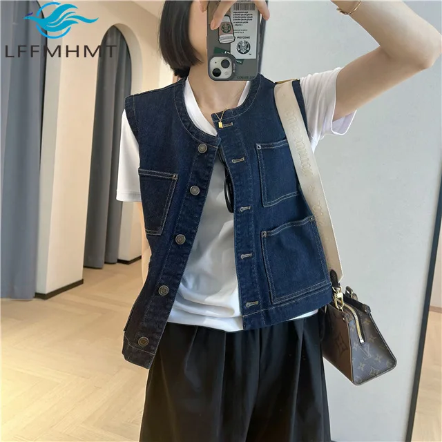 Fashionable  Retro Dark Blue Round Neck Short Denim Vest for Women Pure Color Sleeveless Vest Coat Relax Fit Versatile Waistcoat