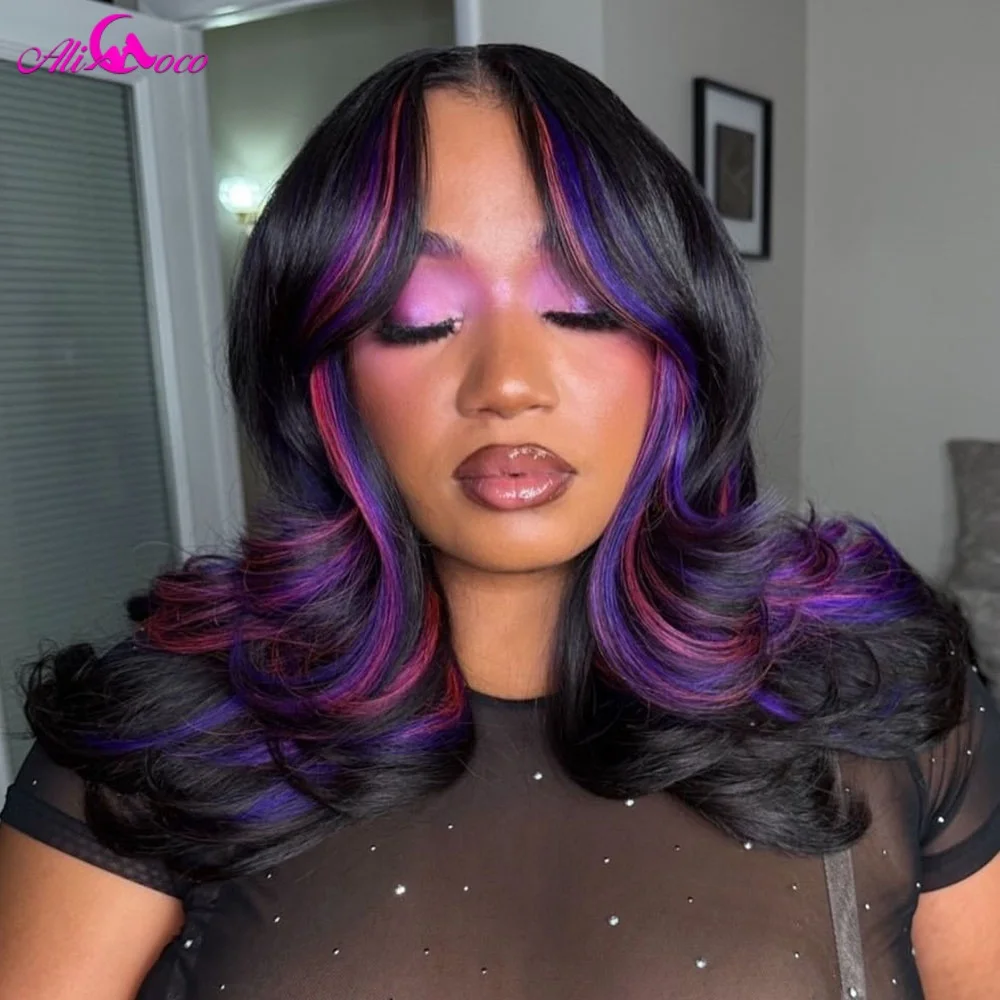 200 Density Shiny Purple and Pink Highlights with Natural Black Human Hair Wigs 13x6 Drawstring HD Lace Front Body Wave Wigs