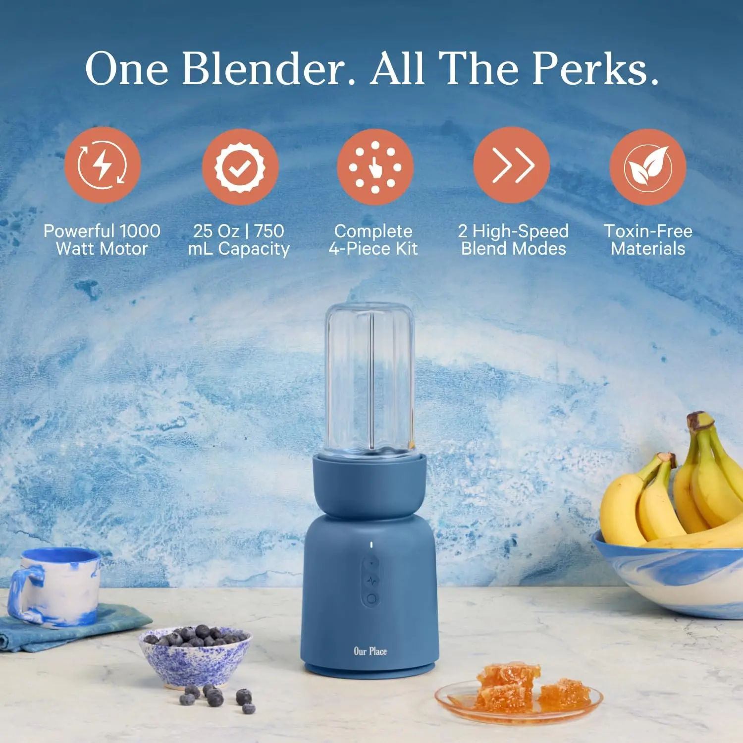 High-Performance 1000W Blender with Ultra-Sharp Blades, 2 Blending Modes, Includes 25oz Personal Cup & Drinking Lid Set - Perfec